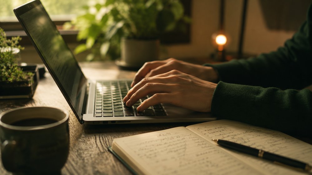 ノートPCで作業する手元。実務に根差したシステム構築の現場